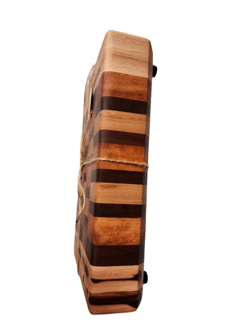 Handmade black walnut cutting board end grain butcher block made from black walnut, hickory, and tigerwood with non-slip feet, 8"x11"x2".