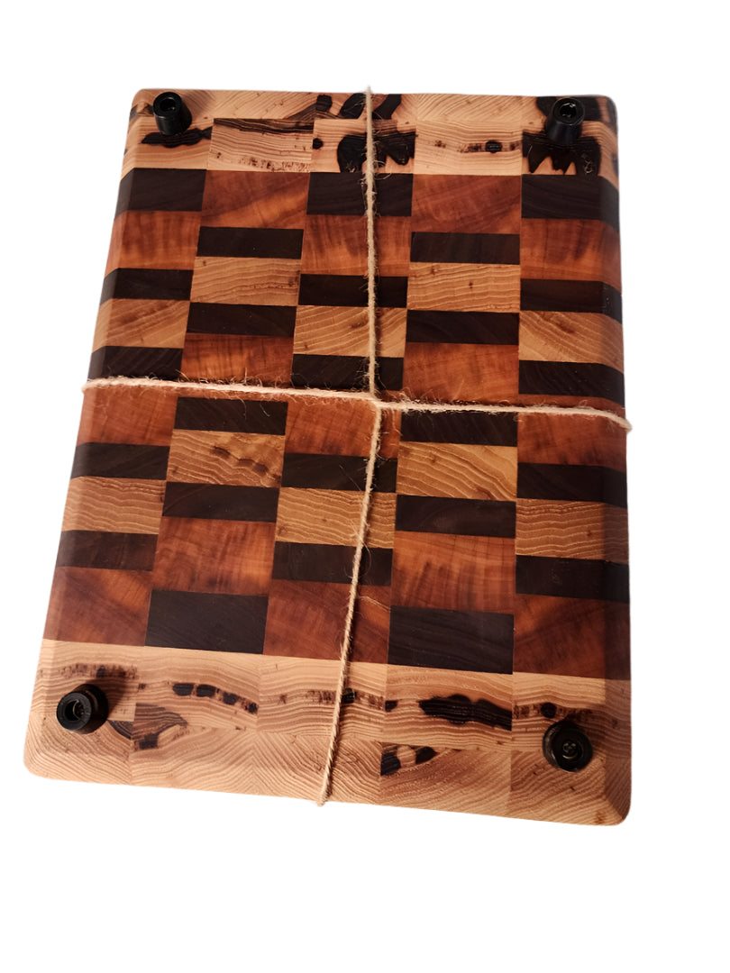Handmade black walnut cutting board end grain butcher block made from black walnut, hickory, and tigerwood with non-slip feet, 8"x11"x2".