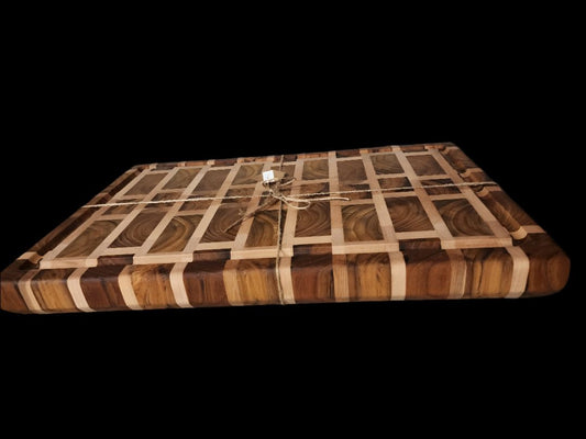 Handcrafted Butcher Block – Burmese Teak & Hard Maple with Stainless Steel Feet – 12.5" x 19.25" x 1.5"