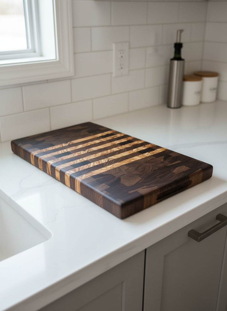 Bethlehem Olive & Black Walnut End Grain Cutting Board – 10.25" x 16.25" x 1.25" with Rubber Feet