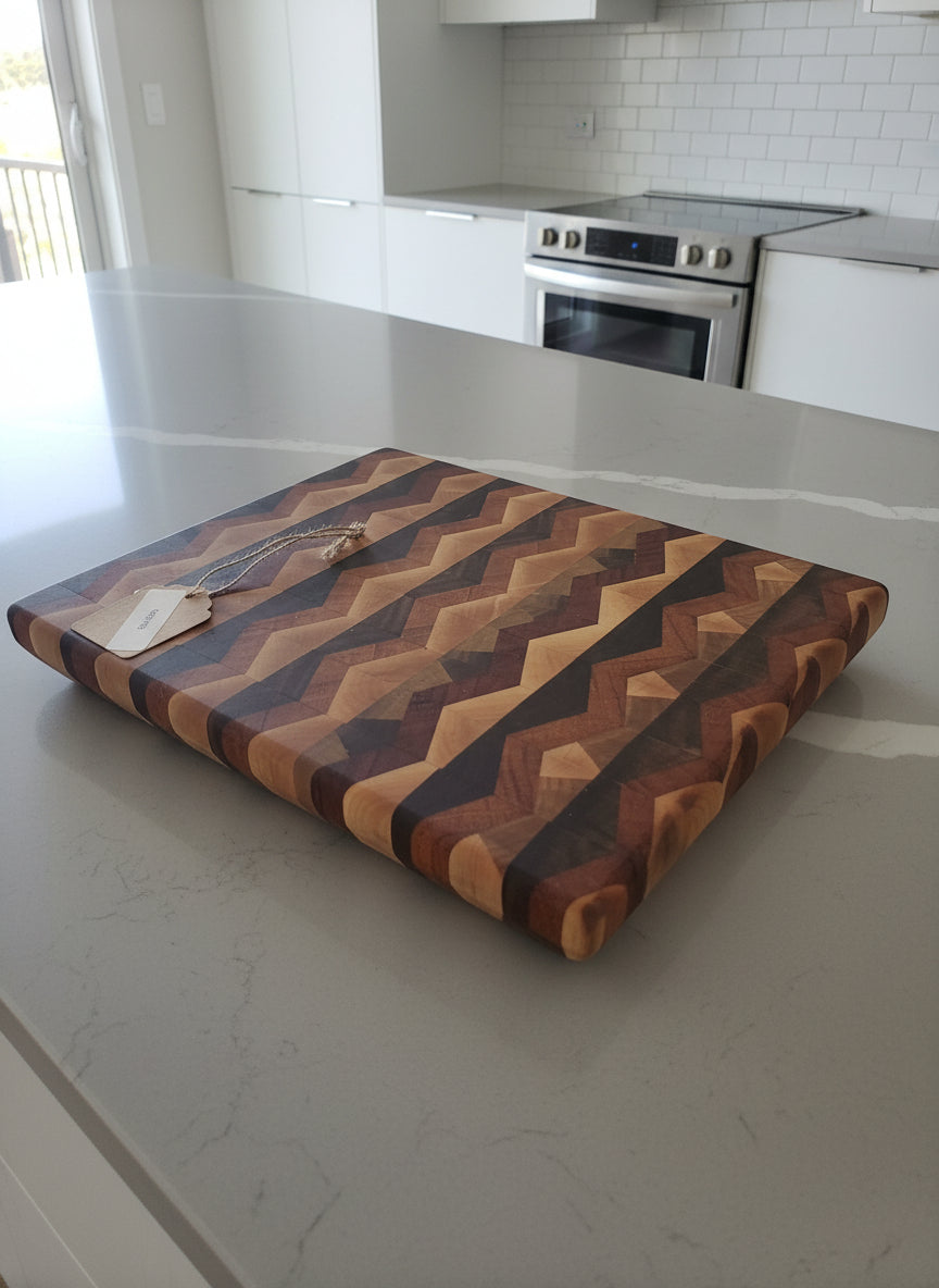 Handmade End Grain Cutting Board – 8x10x1.25" Maple, Black Walnut & Honduran Mahogany