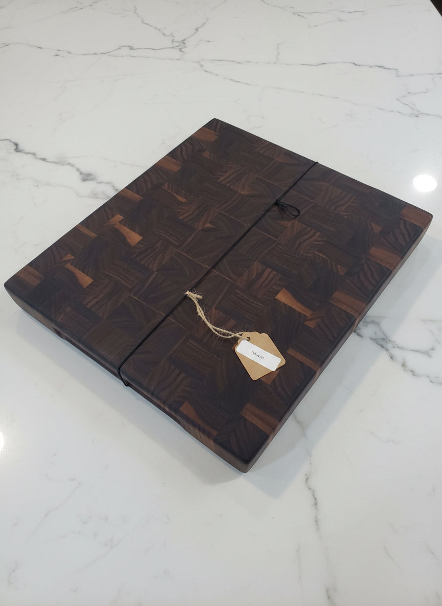 Black Walnut End Grain Cutting Board – 12.25" x 14" x 1.25" with Handle Holds & Rubber Feet