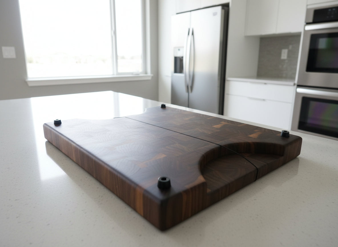 Black Walnut End Grain Cutting Board – 12.25" x 14" x 1.25" with Handle Holds & Rubber Feet