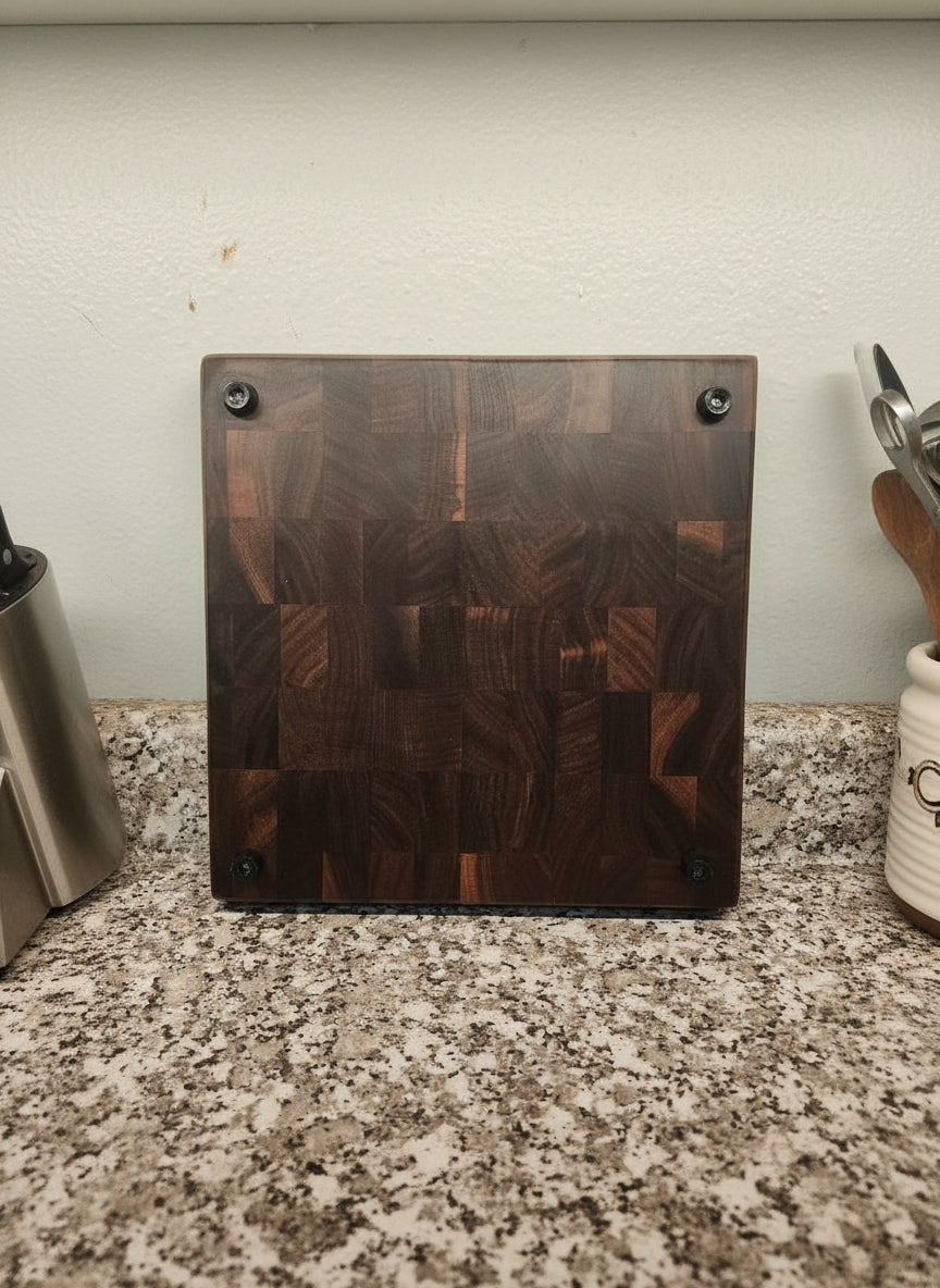 Handcrafted Black Walnut End Grain Butcher Block – 10" x 10" x 1.25" with Rubber Feet
