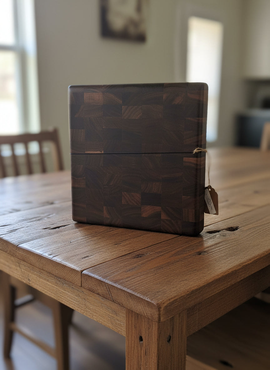 Handcrafted Black Walnut End Grain Butcher Block – 10" x 10" x 1.25" with Rubber Feet