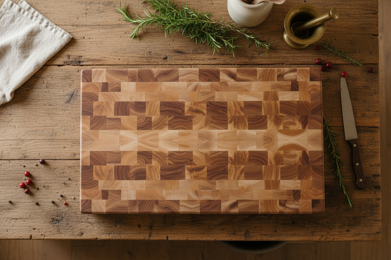 Northern Hard Maple End Grain Butcher Block – 11" x 17" x 2" (with Rubber Feet)