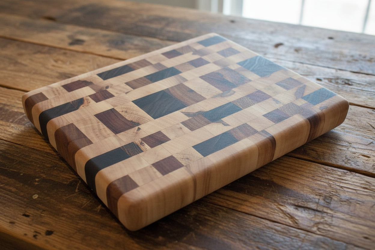 8×10×1.5" End Grain Cutting Block — Ambrosia Maple, Hickory, Black Walnut, Canarywood & Tigerwood (with Rubber Feet)