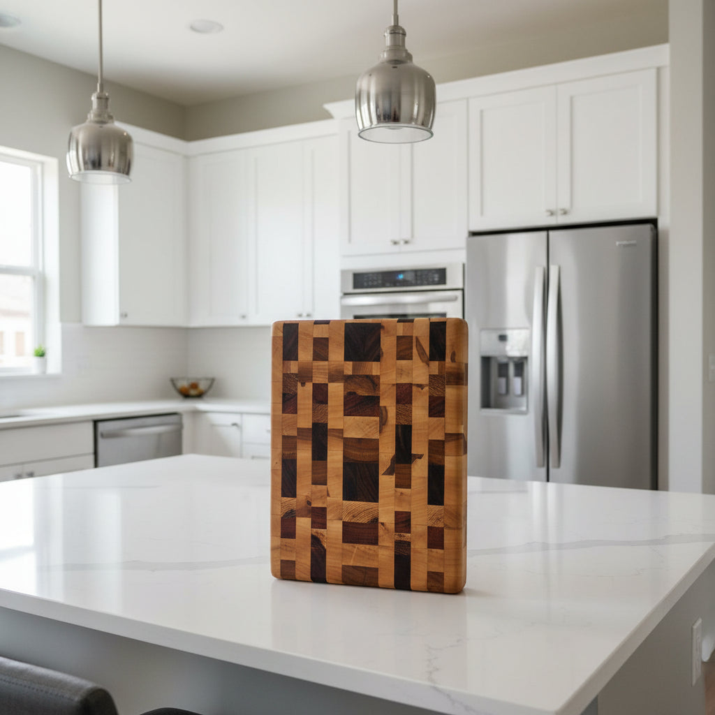 8×10×1.5" End Grain Cutting Block — Ambrosia Maple, Hickory, Black Walnut, Canarywood & Tigerwood (with Rubber Feet)