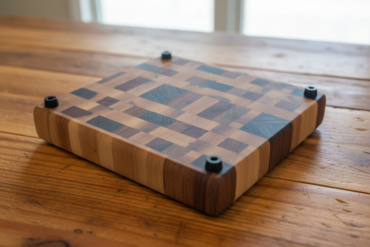 8×10×1.5" End Grain Cutting Block — Ambrosia Maple, Hickory, Black Walnut, Canarywood & Tigerwood (with Rubber Feet)