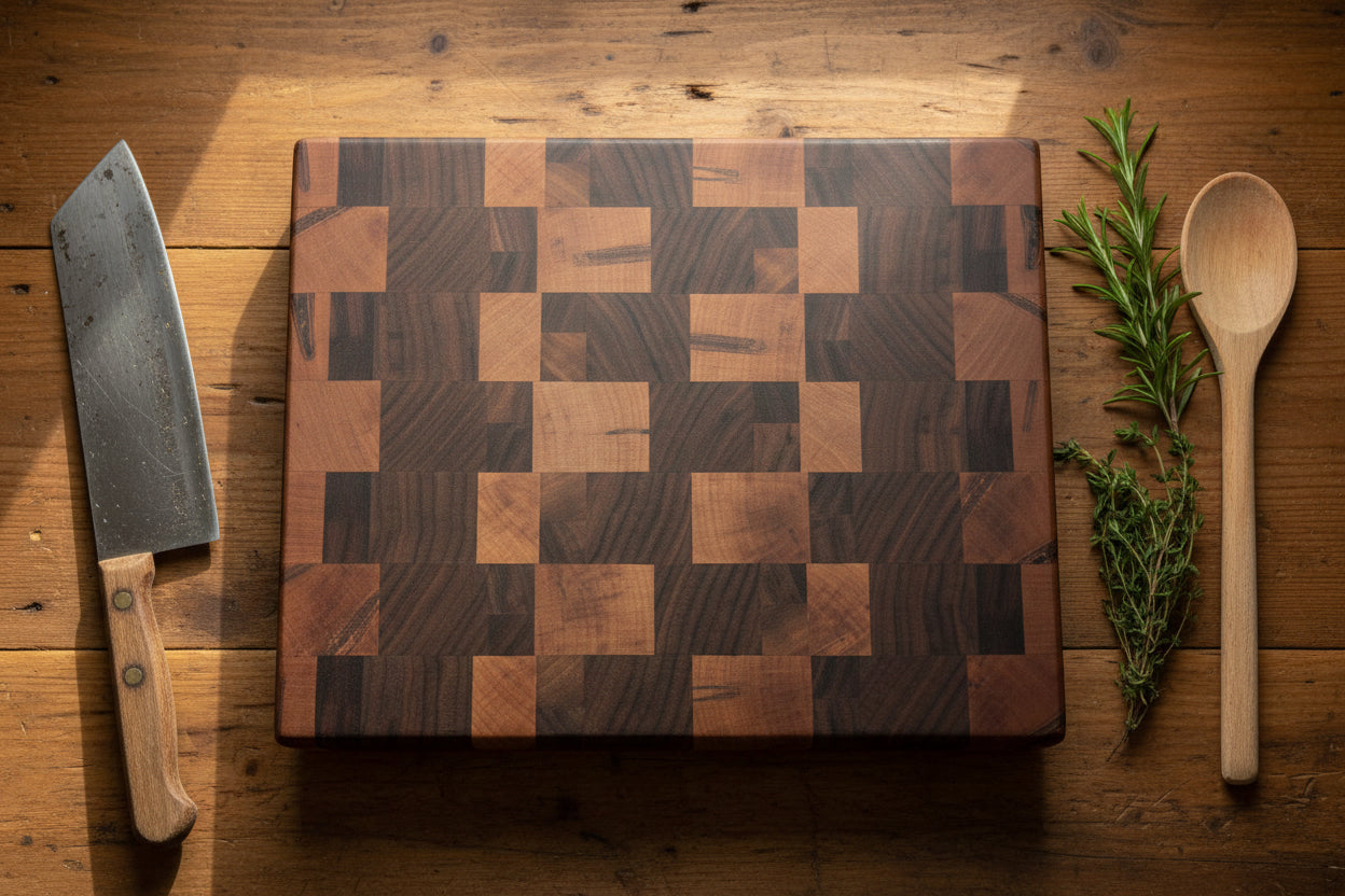 Handcrafted End Grain Ambrosia Maple & Black Walnut Butcher Block – 10×13x2" with Rubber Feet