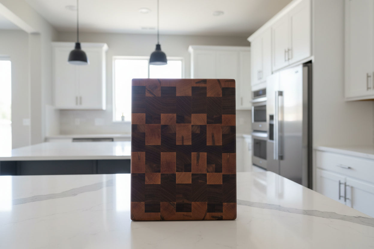 Handcrafted End Grain Ambrosia Maple & Black Walnut Butcher Block – 10×13x2" with Rubber Feet