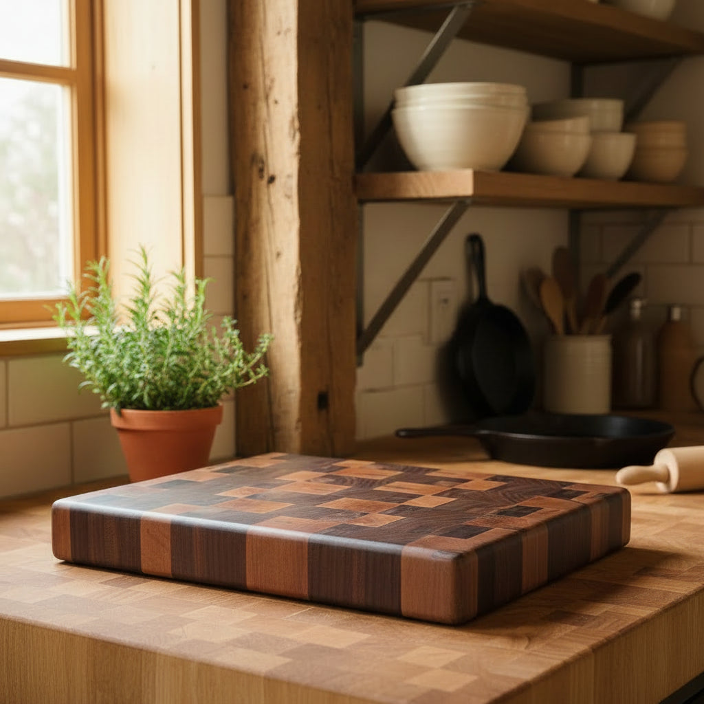 Handcrafted End Grain Ambrosia Maple & Black Walnut Butcher Block – 10×13x2" with Rubber Feet