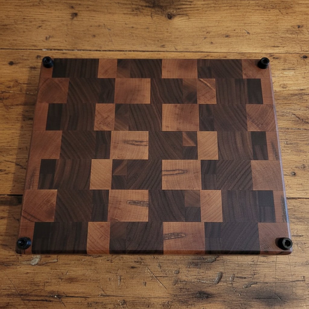 Handcrafted End Grain Ambrosia Maple & Black Walnut Butcher Block – 10×13x2" with Rubber Feet
