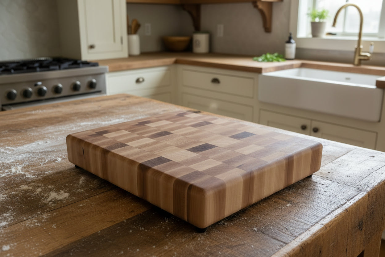 Handcrafted End Grain Hard Maple Butcher Block – 7.5×11.5×2" with Rubber Feet