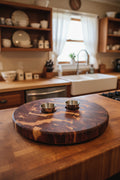 Handcrafted 14" Round End Grain Eastern Red Cedar Serving Tray – 2" Thick with Stainless Steel Feet & Serving Cups