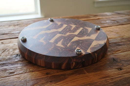 Handcrafted 14" Round End Grain Eastern Red Cedar Serving Tray – 2" Thick with Stainless Steel Feet & Serving Cups