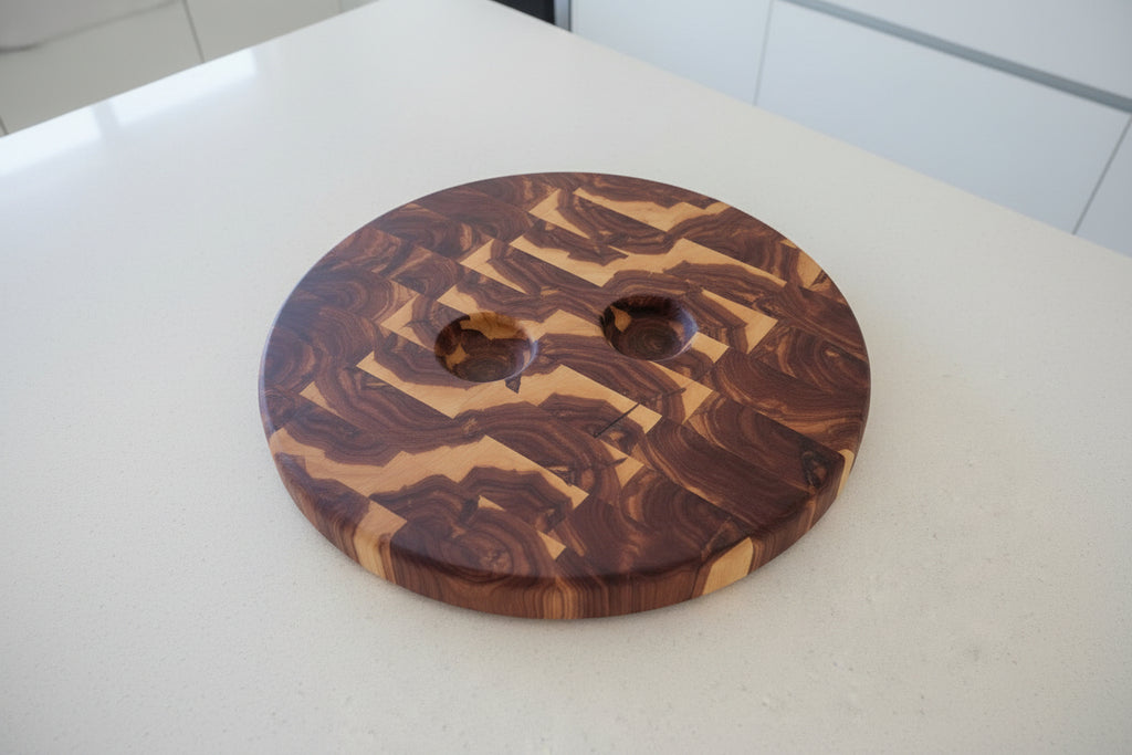 Handcrafted 14" Round End Grain Eastern Red Cedar Serving Tray – 2" Thick with Stainless Steel Feet & Serving Cups