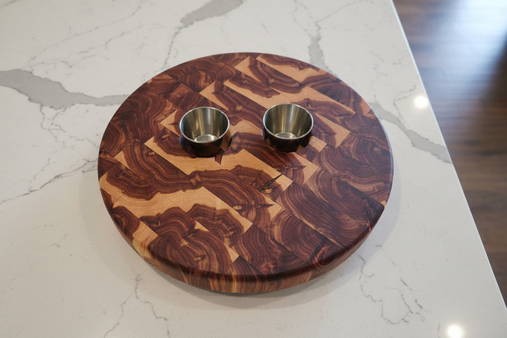 Handcrafted 14" Round End Grain Eastern Red Cedar Serving Tray – 2" Thick with Stainless Steel Feet & Serving Cups