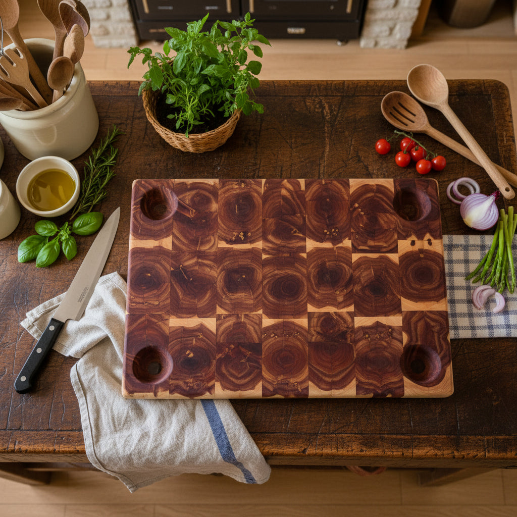 Handcrafted End Grain Eastern Red Cedar Serving Board – 14×20×2" with Handholds & 4 Glass Sauce Cups