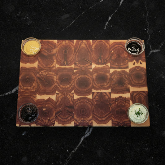 Handcrafted End Grain Eastern Red Cedar Serving Board – 14×20×2" with Handholds & 4 Glass Sauce Cups
