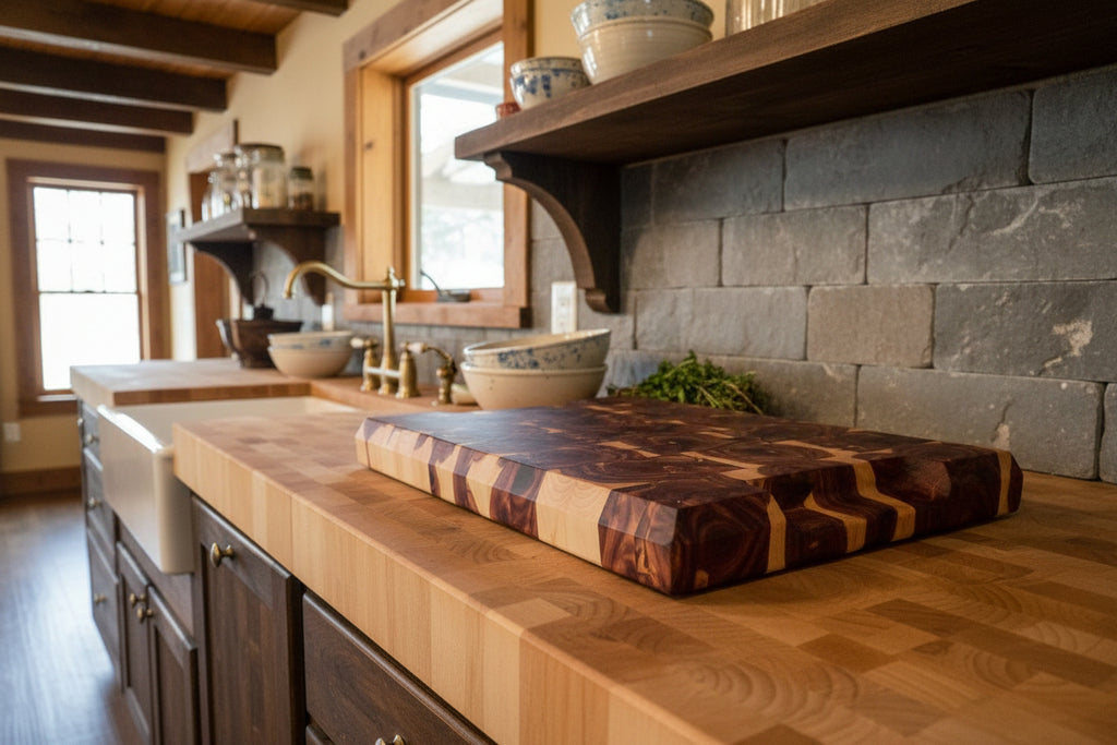 Handcrafted End Grain Eastern Red Cedar Serving Board – 14×20×2" with Handholds & 4 Glass Sauce Cups