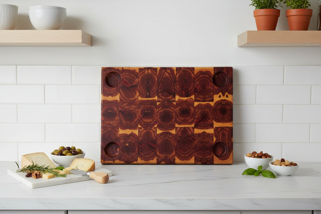 Handcrafted End Grain Eastern Red Cedar Serving Board – 14×20×2" with Handholds & 4 Glass Sauce Cups
