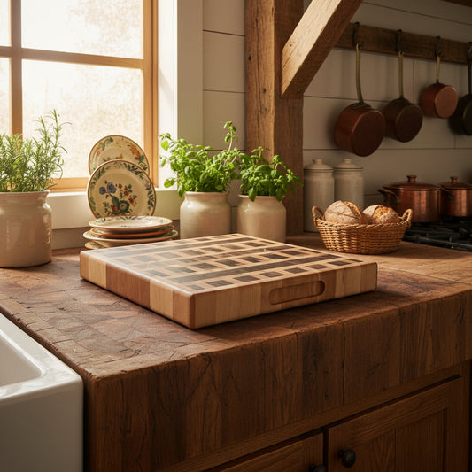 Handcrafted End‑Grain Butcher Block – 16×17×2" Maple, Cherry & Black Walnut with Handholds & Rubber Feet