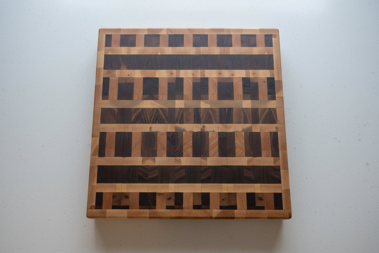 Handcrafted End‑Grain Butcher Block – 16×17×2" Maple, Cherry & Black Walnut with Handholds & Rubber Feet