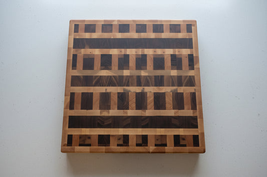 Handcrafted End‑Grain Butcher Block – 16×17×2" Maple, Cherry & Black Walnut with Handholds & Rubber Feet