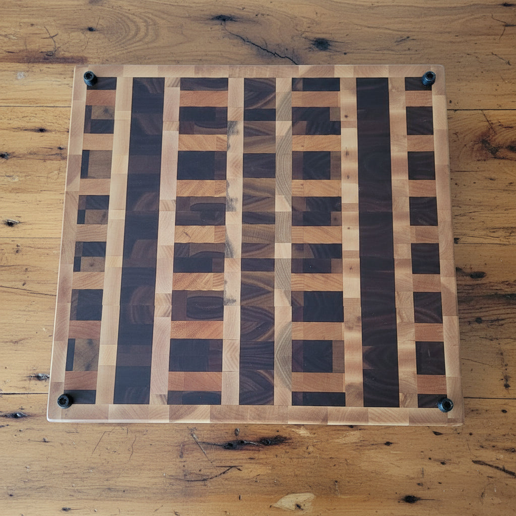 Handcrafted End‑Grain Butcher Block – 16×17×2" Maple, Cherry & Black Walnut with Handholds & Rubber Feet