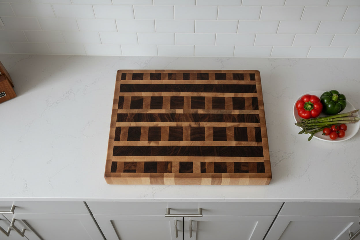 Handcrafted End‑Grain Butcher Block – 16×17×2" Maple, Cherry & Black Walnut with Handholds & Rubber Feet