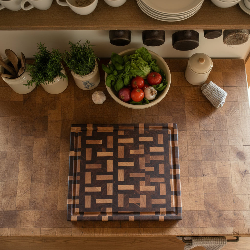 Handcrafted End‑Grain Cherry & Black Walnut Cutting Board – 12.5×16.5×1.25" with Juice Groove