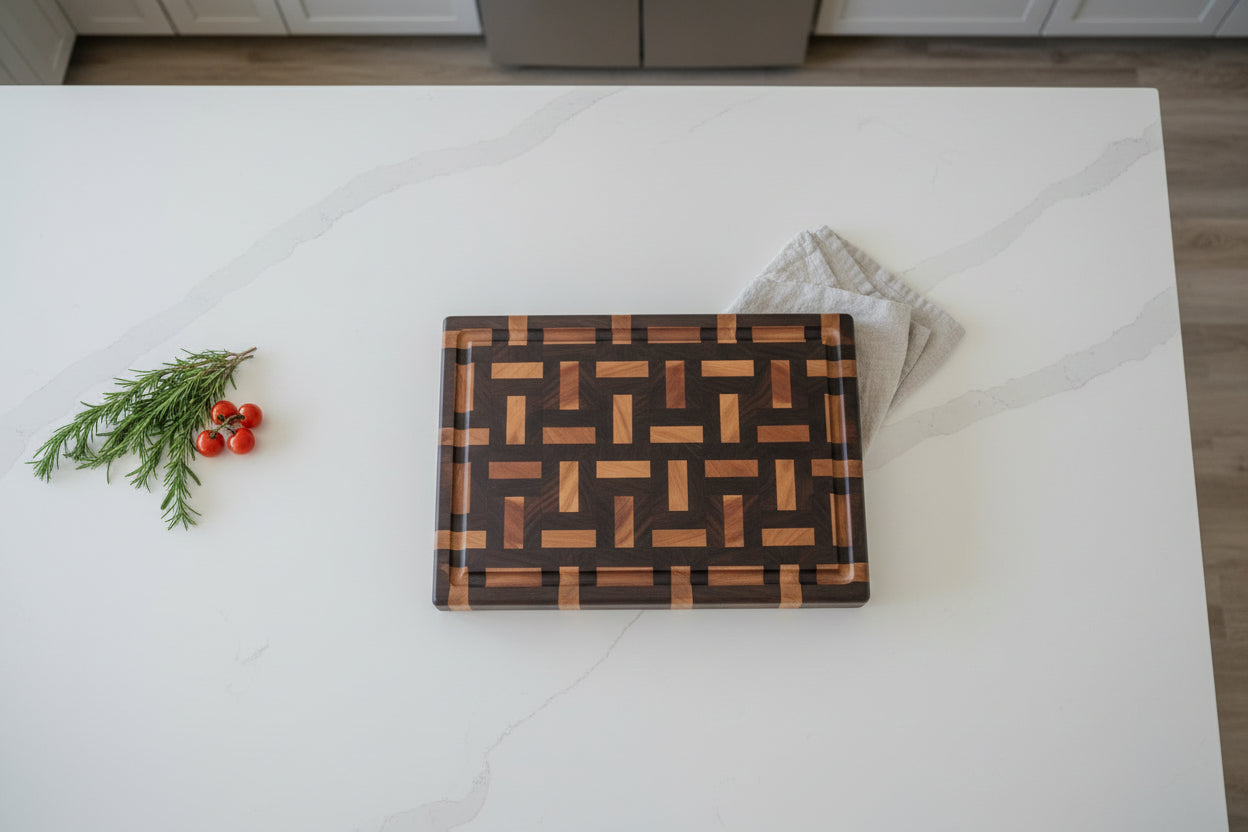 Handcrafted End‑Grain Cherry & Black Walnut Cutting Board – 12.5×16.5×1.25" with Juice Groove