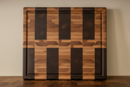 Handcrafted End‑Grain Hard Maple & Black Walnut Butcher Block – 14×17×2.5" with Juice Groove, Rubber Feet & Handhold Handles