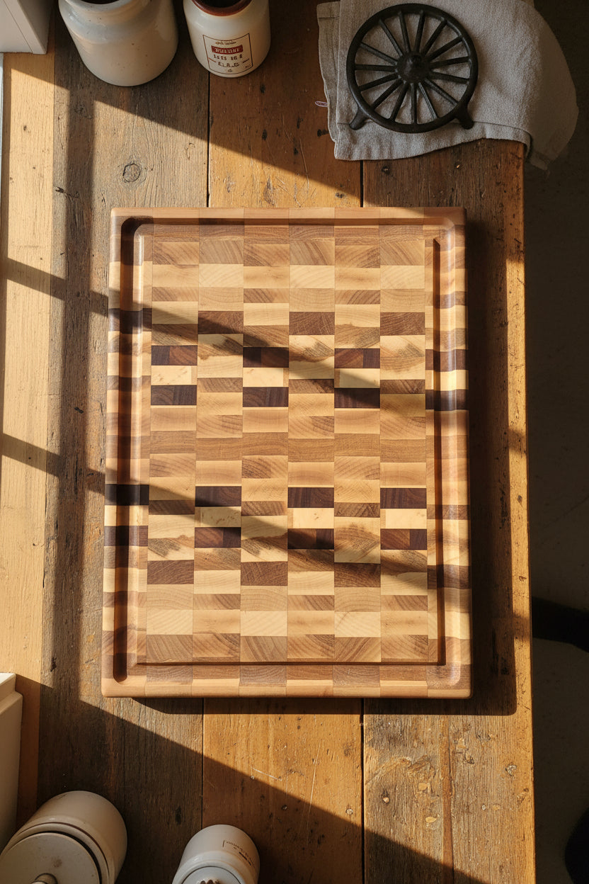 Handcrafted End‑Grain Northern Hard Maple Butcher Block – 13.75×18.25×2" with Handhold Handles, Juice Groove & Rubber Feet