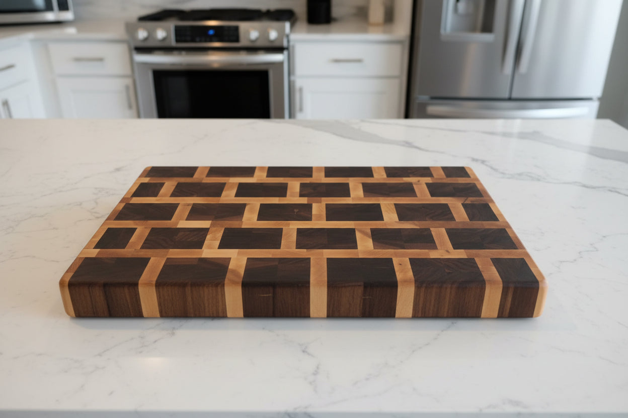 Handcrafted End‑Grain Butcher Block — Hard Maple & Black Walnut (13.5 x 21 x 2)