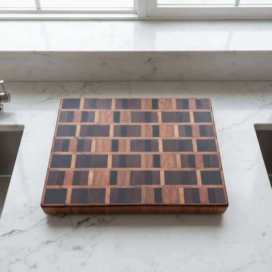 Handcrafted XL End‑Grain Exotic Woods Butcher Block — Purpleheart, Wenge, Padauk, Tigerwood & Ambrosia Maple (15x21x2")