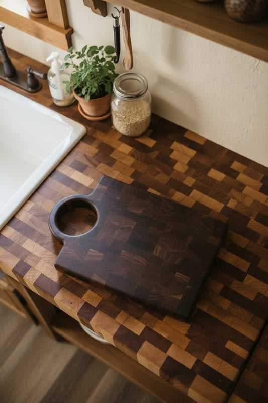 Handcrafted End‑Grain Black Walnut Butcher Block with Handle — 11.5x13.5x1.5" (17.5" Total Length)