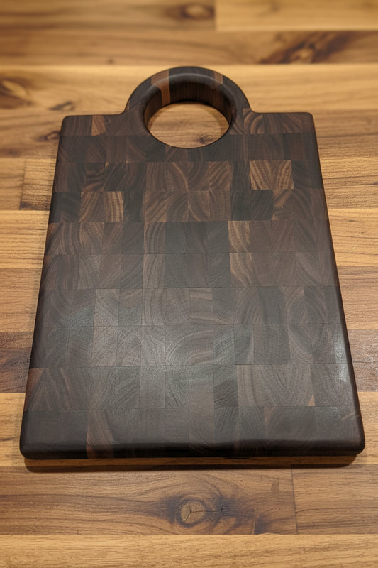 Handcrafted End‑Grain Black Walnut Butcher Block with Handle — 11.5x13.5x1.5" (17.5" Total Length)