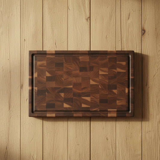 Handcrafted End‑Grain Black Walnut Butcher Block — 12x18x2.5" with Handholds, Juice Groove & Rubber Feet