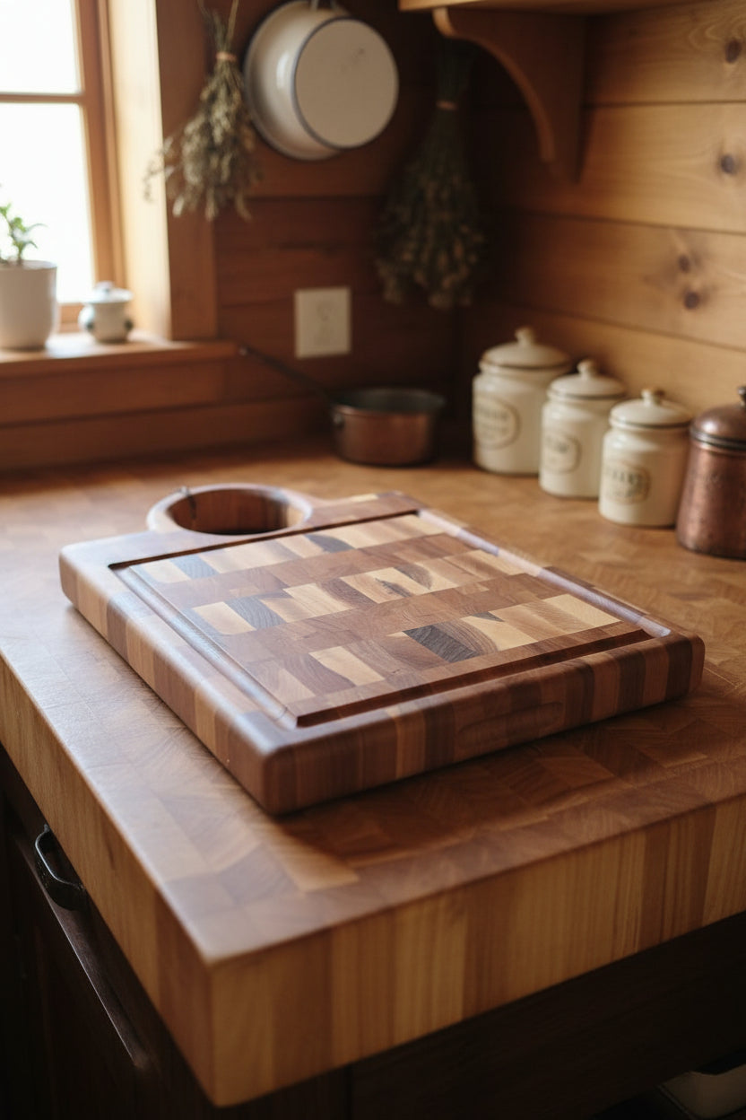 Handcrafted End‑Grain Hard Maple & Cherry Butcher Block with Handle + Juice Groove — 11.75x17x1.5"