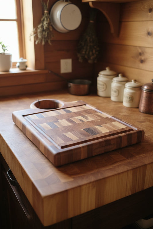 Handcrafted End‑Grain Hard Maple & Cherry Butcher Block with Handle + Juice Groove — 11.75x17x1.5"