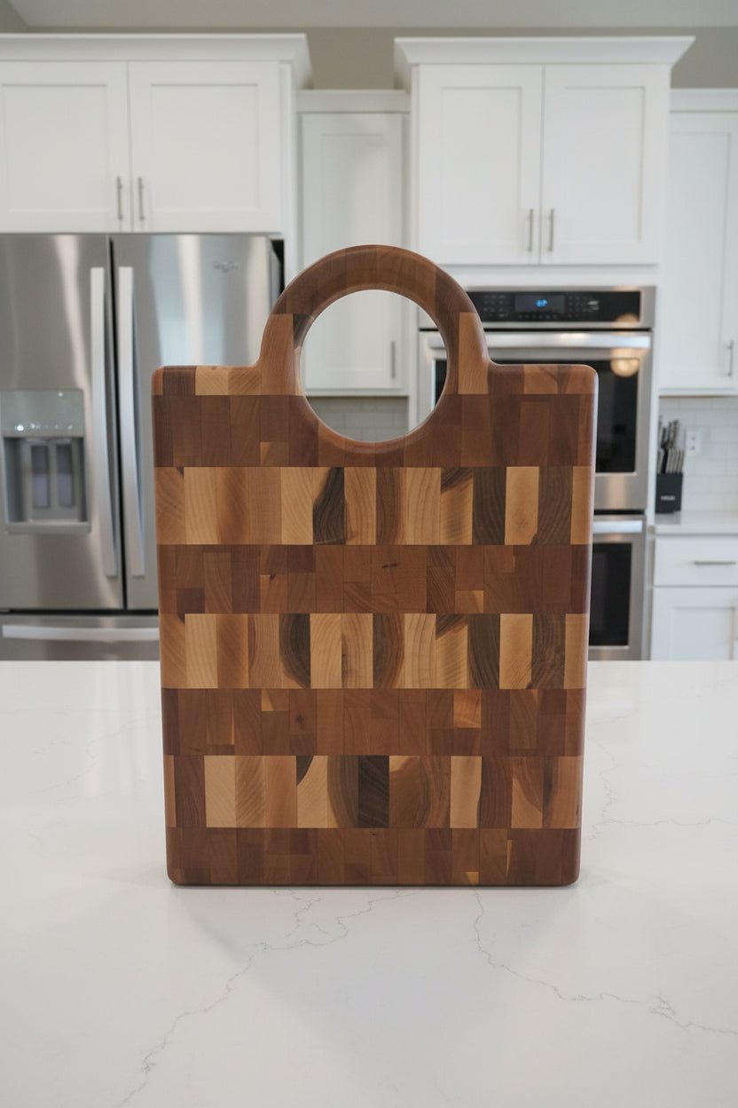 Handcrafted End‑Grain Hard Maple & Cherry Butcher Block with Handle + Juice Groove — 11.75x17x1.5"