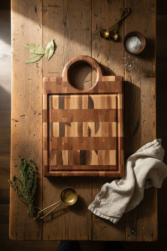 Handcrafted End‑Grain Hard Maple & Cherry Butcher Block with Handle + Juice Groove — 11.75x17x1.5"