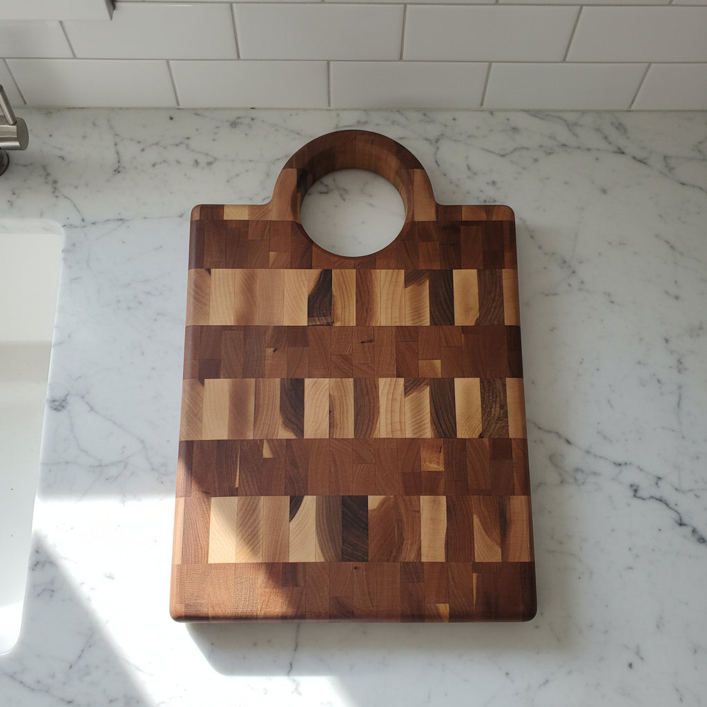 Handcrafted End‑Grain Hard Maple & Cherry Butcher Block with Handle + Juice Groove — 11.75x17x1.5"