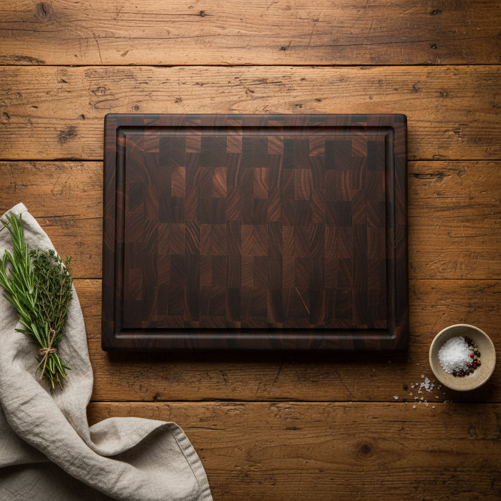 Handcrafted End‑Grain Black Walnut Butcher Block — 12x15x2" with Juice Groove & Rubber Feet