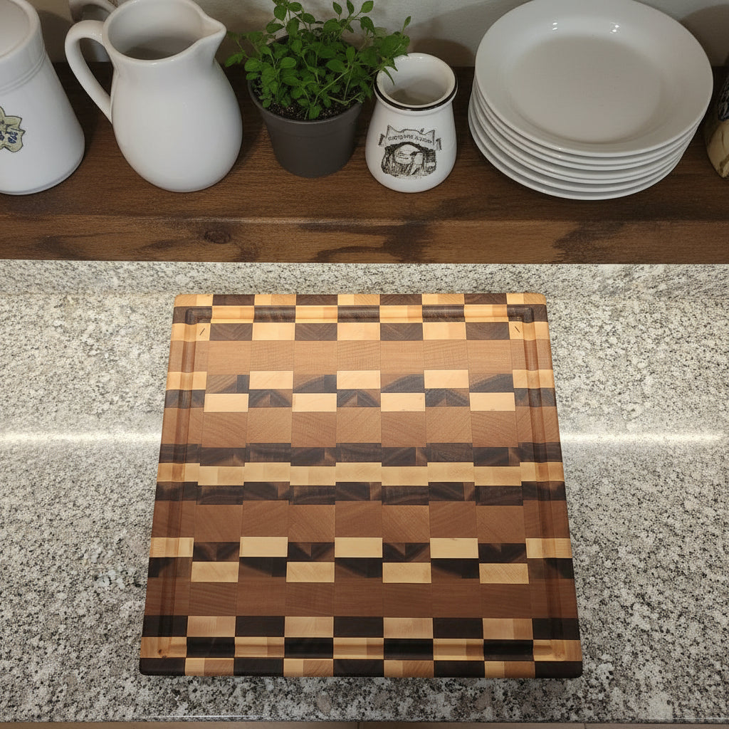 Handcrafted End‑Grain Butcher Block — 15x16x2" (Cherry, Hard Maple & Black Walnut)