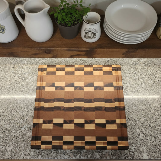 Handcrafted End‑Grain Butcher Block — 15x16x2" (Cherry, Hard Maple & Black Walnut)