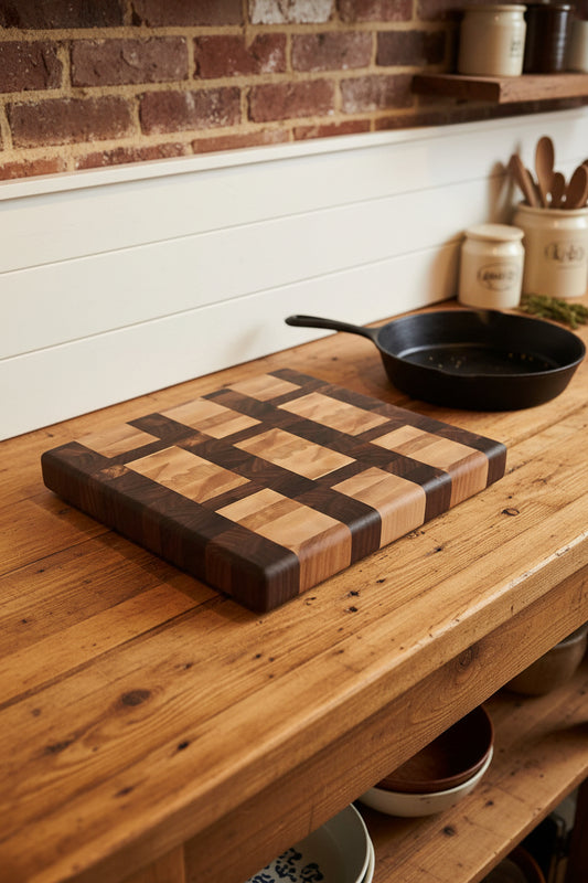 Handcrafted End‑Grain Butcher Block – 11" × 13" × 1.25" Northern Hard Maple & Black Walnut with Rubber Feet
