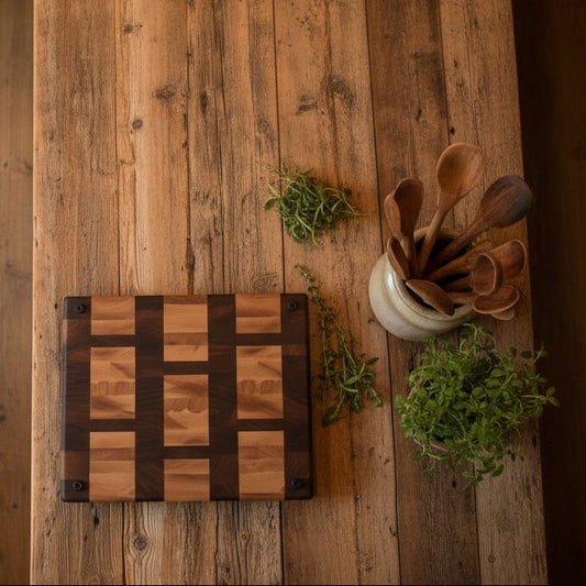 Handcrafted End‑Grain Butcher Block – 11" × 13" × 1.25" Northern Hard Maple & Black Walnut with Rubber Feet